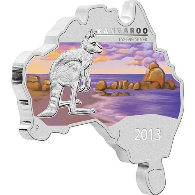 2013 Australia Map Series Kangaroo 1 Australian Dollar 1 oz Colorized Silver Coin