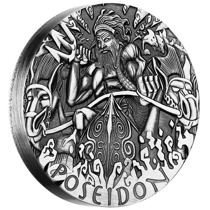 2014 Australia Tuvalu Gods of Olympus Poseidon 2 Tuvalu Dollars 2 oz High Relief Silver Proof Coin Antiqued