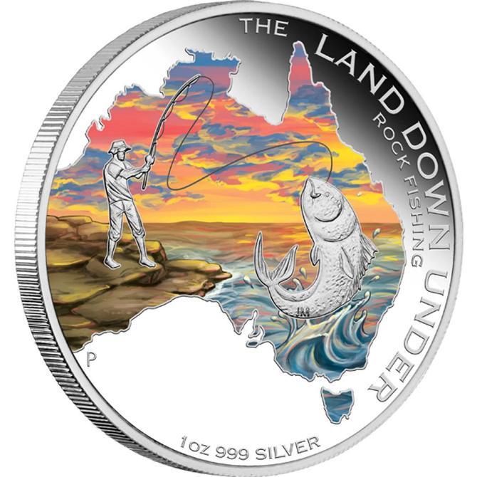 2014 Australia The Land Down Under Rock Fishing 1 Australian Dollar 1 oz Colorized Silver Proof Coin