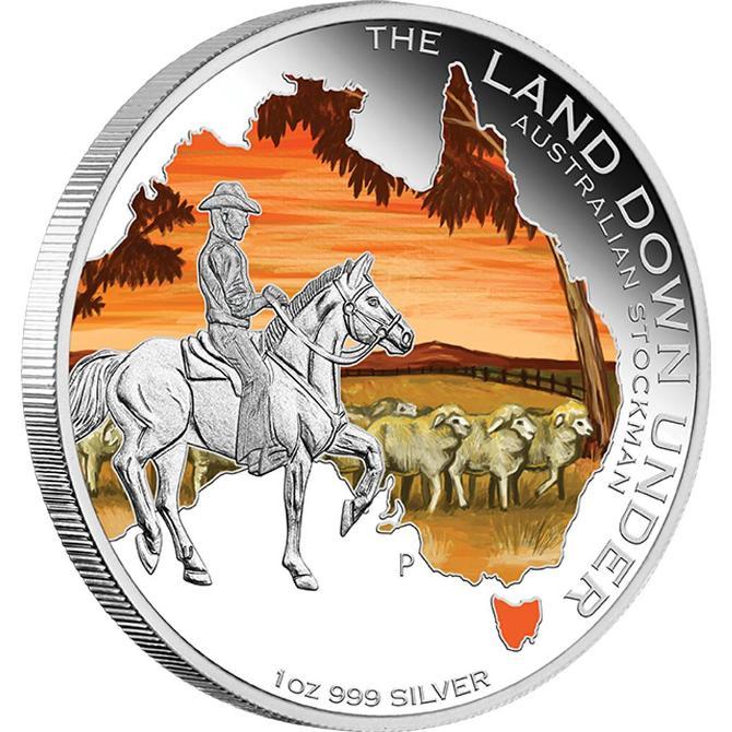2014 Australia The Land Down Under Stock Man 1 Australian Dollar 1 oz Colorized Silver Proof Coin
