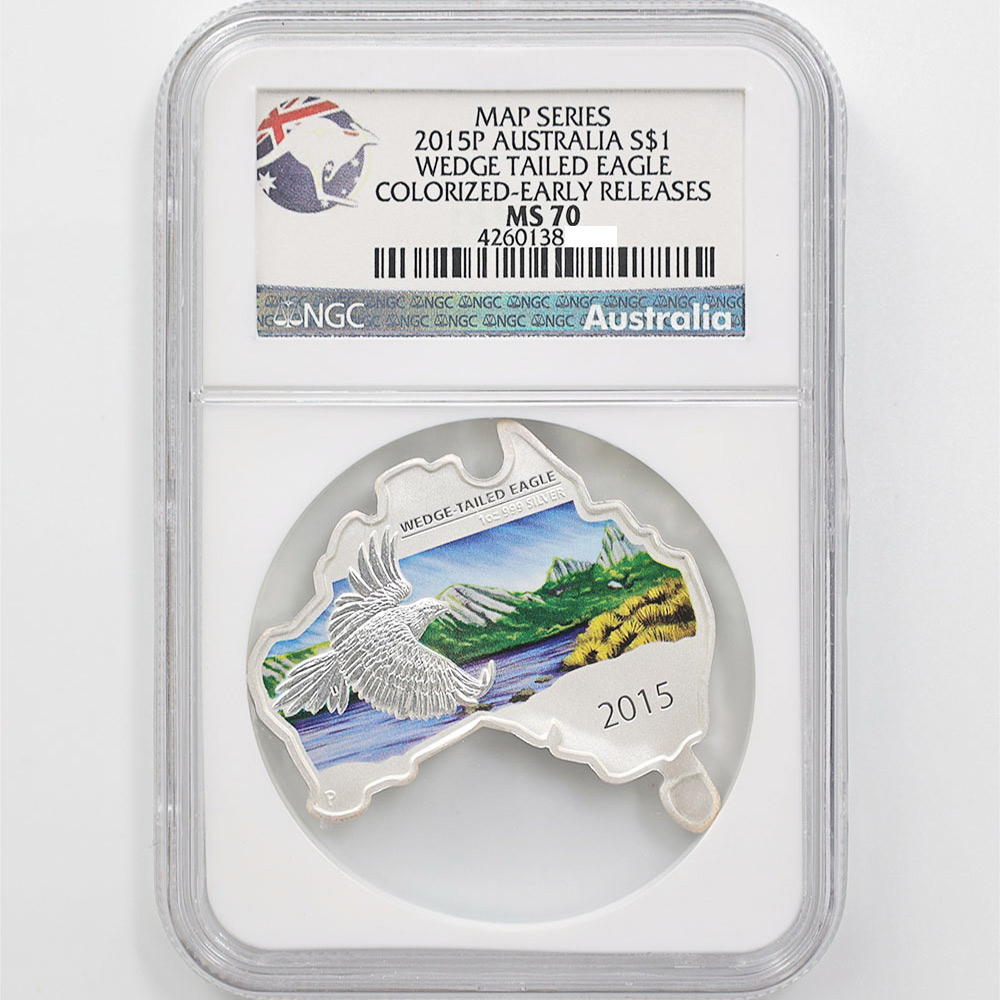 2015 Australia Map Series Wedge Tailed Eagle 1 Australian Dollar 1 oz Colorized Silver Coin NGC MS 70 ER