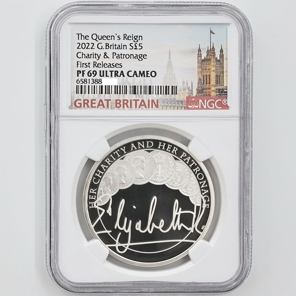 2022 Great Britain the Queen's Reign Series Charity and Patronage 5 Pounds 28.28 Grams Silver Proof Coin NGC PF 69 UC First Releases