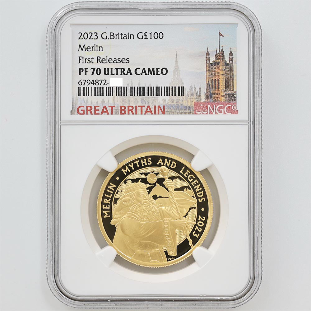 2023 Great Britain Myths and Legends Merlin 100 Pounds 1 oz  Gold Proof Coin  NGC PF 70 UC FR
