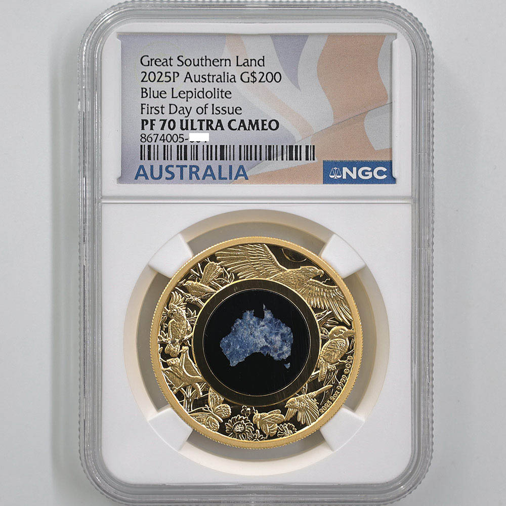 2025 Australia Great Southern Land Blue Lepidolite 200 Australian Dollars 2 oz Gold Proof Coin NGC PF 70 UC First Day of lssue