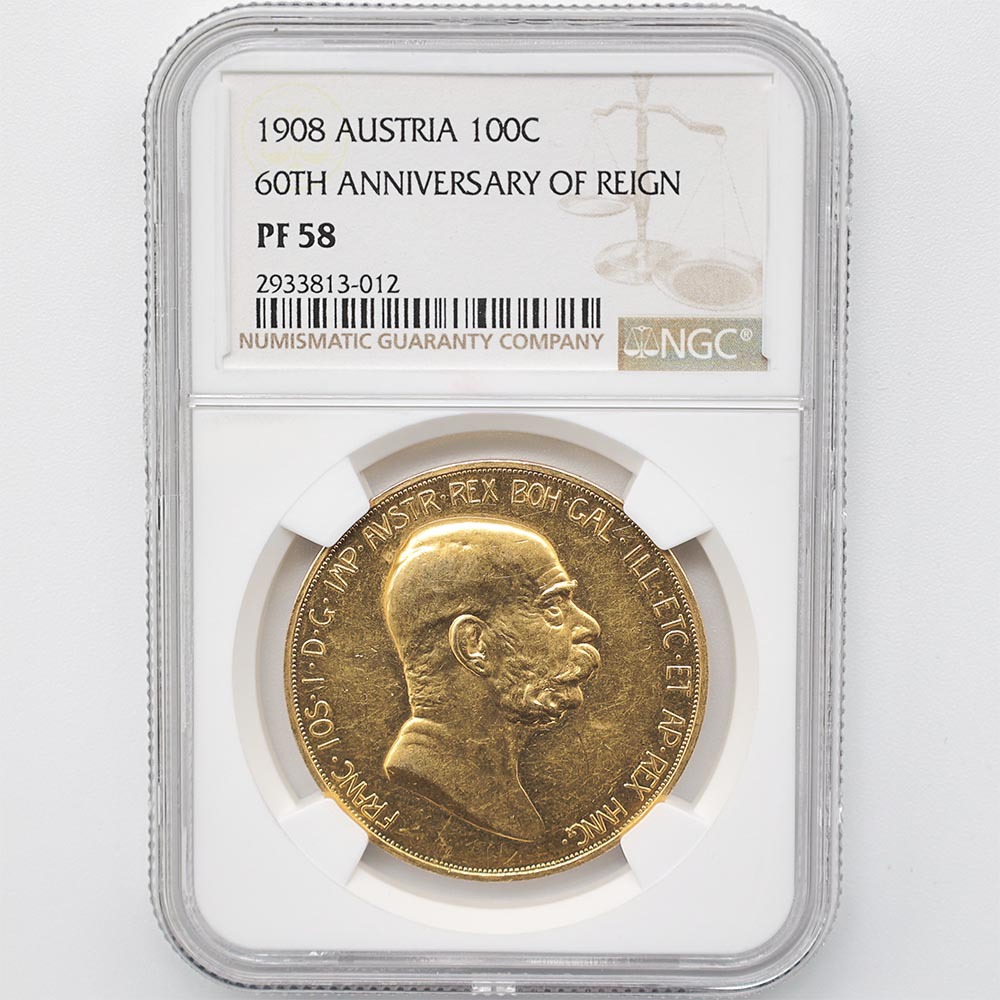 1908 Austria Goddess Above the Clouds 60th Anniversary of Franz Joseph I's Reign 100 Corona 33.88 Grams Gold Proof Coin NGC PF 58