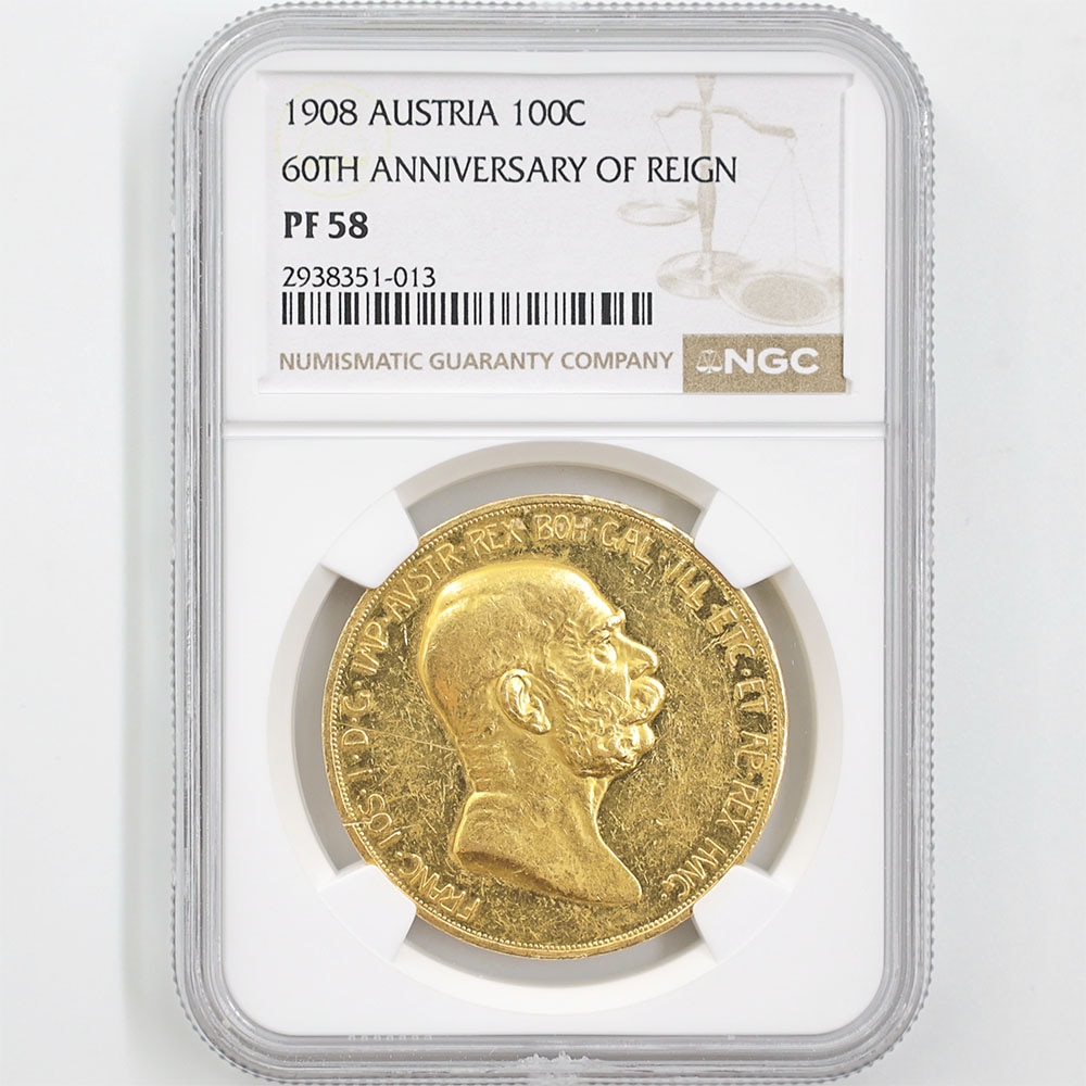 1908 Austria Goddess Above the Clouds 60th Anniversary of Franz Joseph I's Reign 100 Corona 33.88 Grams Gold Proof Coin NGC PF 58