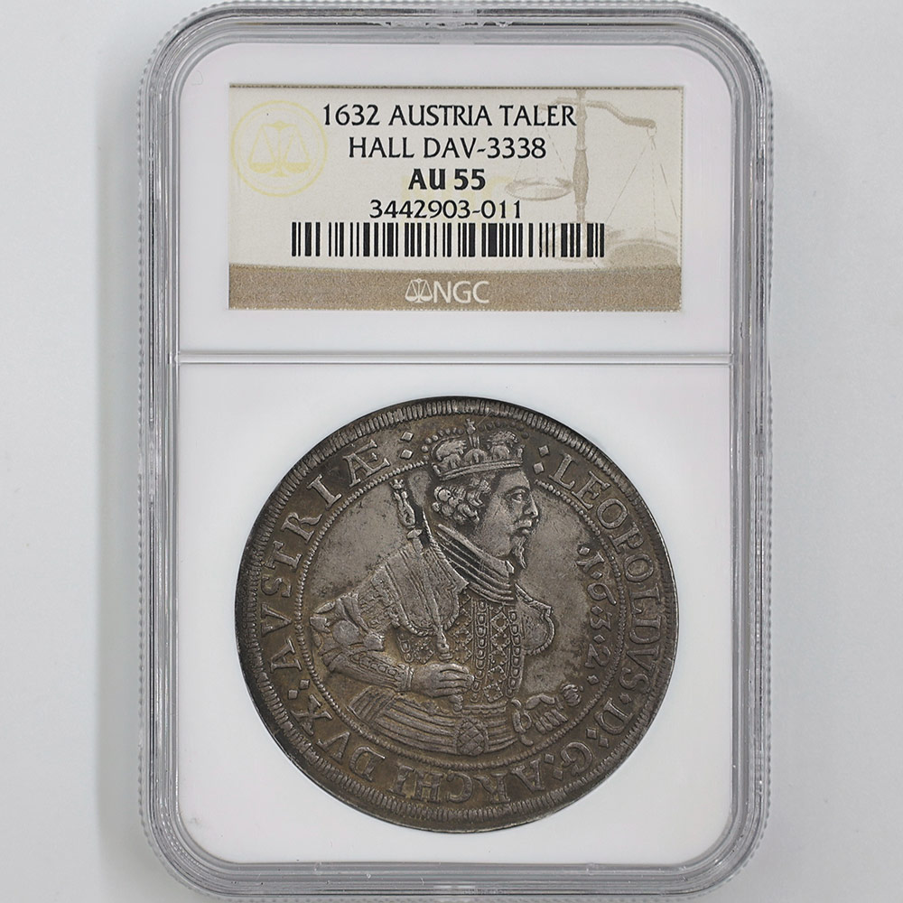 1632 Austria Hall Leopold V 1 Thaler 28.8 Grams Silver Coin NGC AU 55