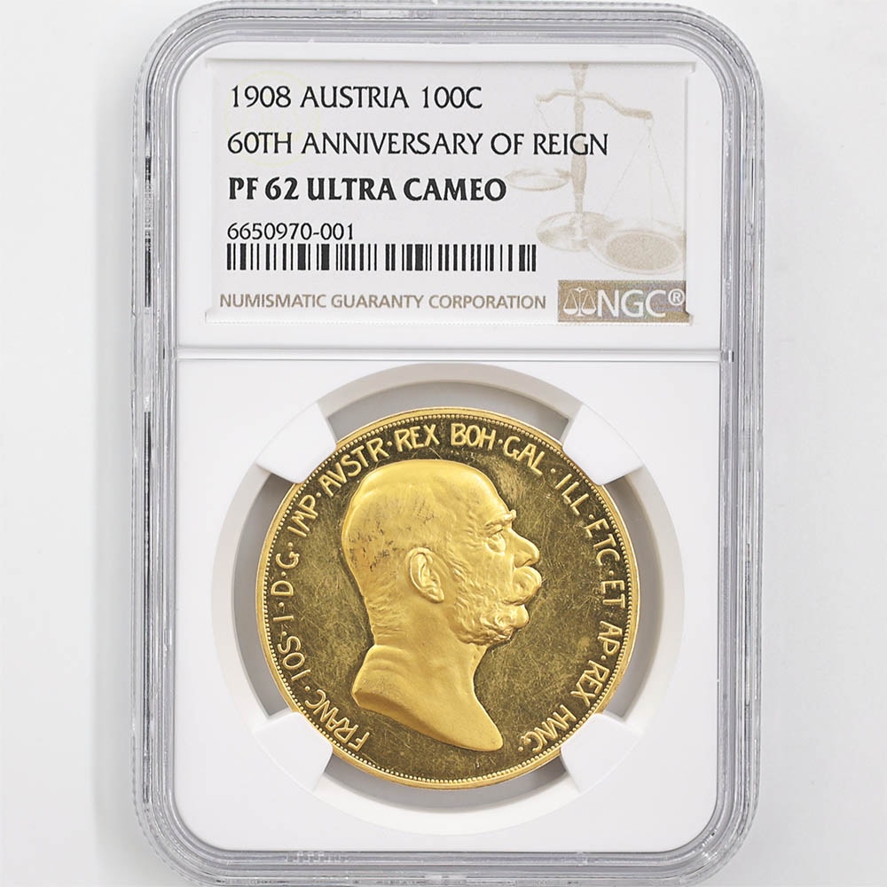 1908 Austria Goddess Above the Clouds 60th Anniversary of Franz Joseph I's Reign 100 Corona 33.88 Grams Gold Proof Coin NGC PF 62 UC