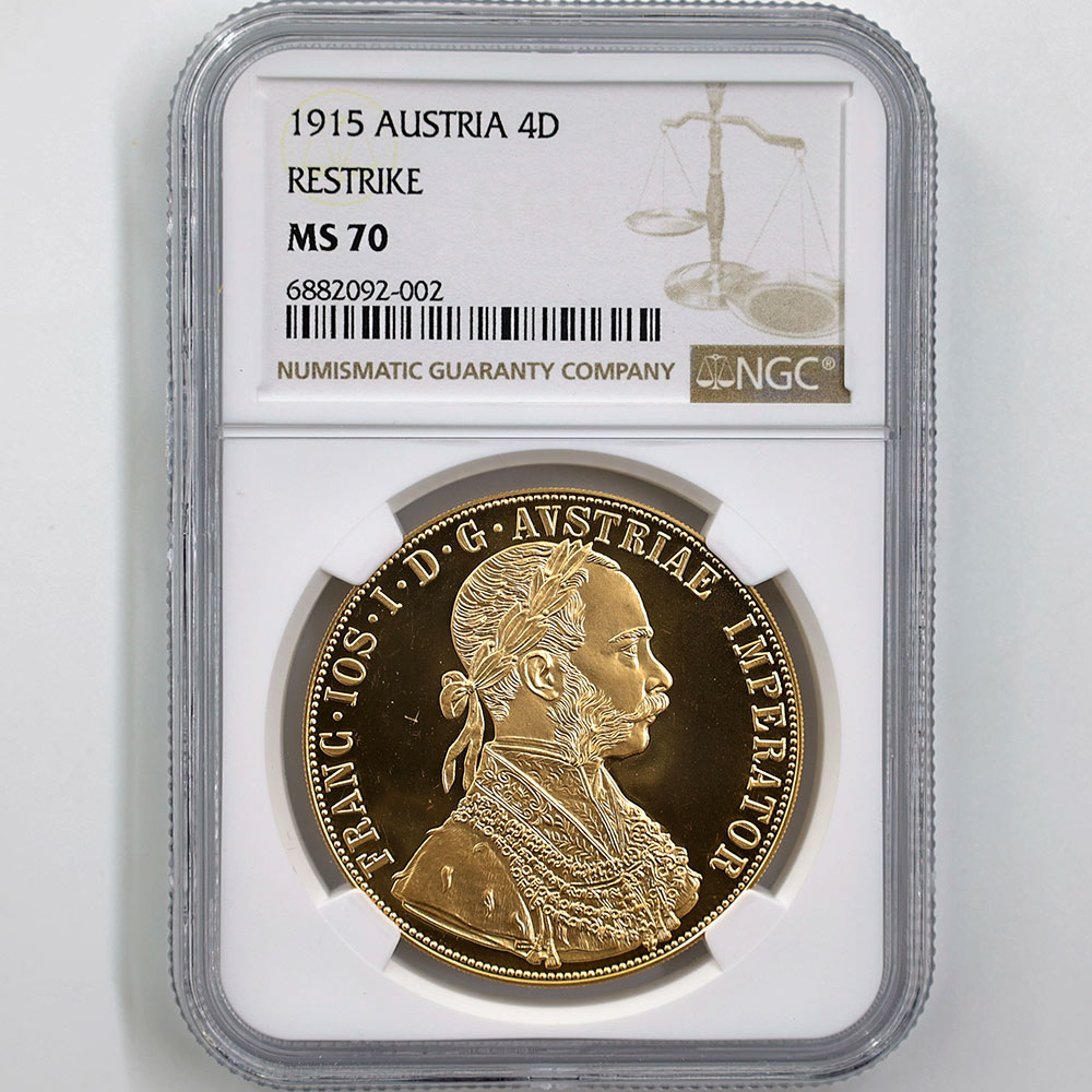 1915 Austria Franz Joseph I 4 Ducats 13.96 Grams Restrike Gold Coin NGC MS 70