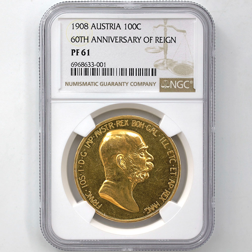 1908 Austria Goddess Above the Clouds 60th Anniversary of Franz Joseph I's Reign 100 Corona 33.88 Grams Gold Proof Coin NGC PF 61