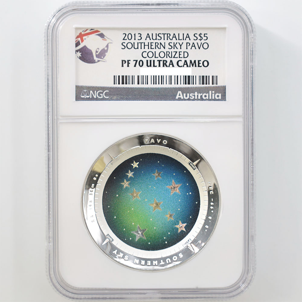 2013 Australia Southern Sky Pavo 5 Australian Dollars 1 oz Colorized Domed Silver Proof Coin NGC PF 70 UC