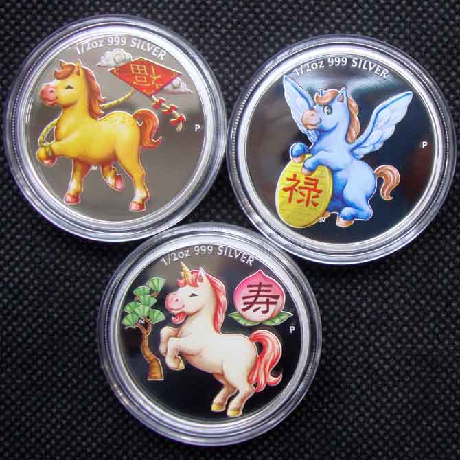 2014 Australia Tuvalu Year Of The Horse Fu Lu Shou 50 Tuvalu Cents 1/2oz Colorized Silver 3-Coin Proof Set