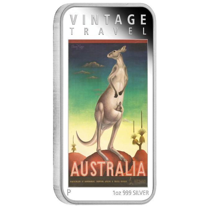 2014 Australia Vintage Travel Poster Kangaroo 1 Australian Dollar 1 oz Colorized Rectangle Silver Proof Coin
