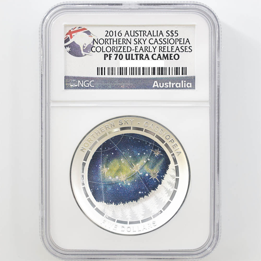 2016 Australia Northern Sky Cassiopeia 5 Australian Dollars 1 oz Colorized Domed Silver Proof Coin NGC PF 70 UC Early Releases