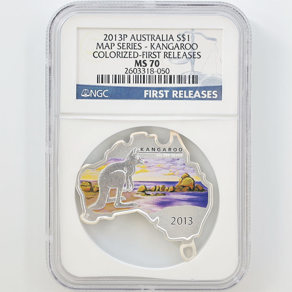 2013 Australia Map Series Kangaroo 1 Australian Dollar 1 oz Colorized Silver Coin NGC MS 70 FR