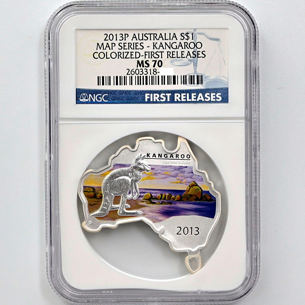 2013 Australia Map Series Kangaroo 1 Australian Dollar 1 oz Colorized Silver Coin NGC MS 70 FR
