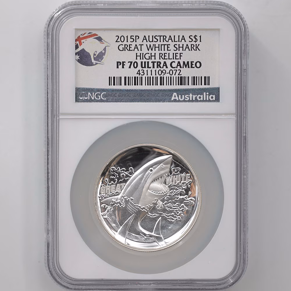 2015 Australia Great White Shark 1 Australian Dollar 1 oz High Relief Silver Proof Coin NGC PF 70 UC