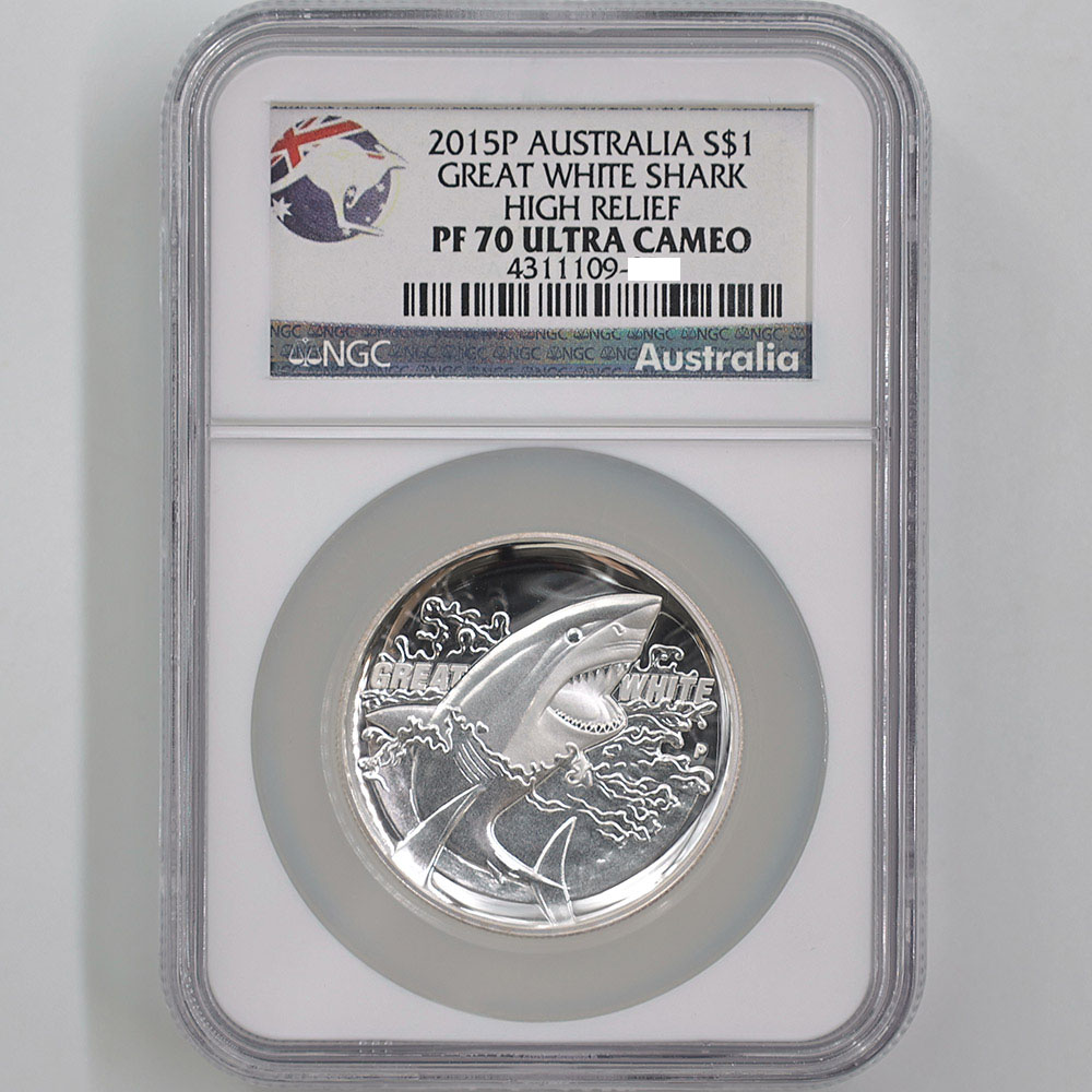 2015 Australia Great White Shark 1 Australian Dollar 1 oz High Relief Silver Proof Coin NGC PF 70 UC