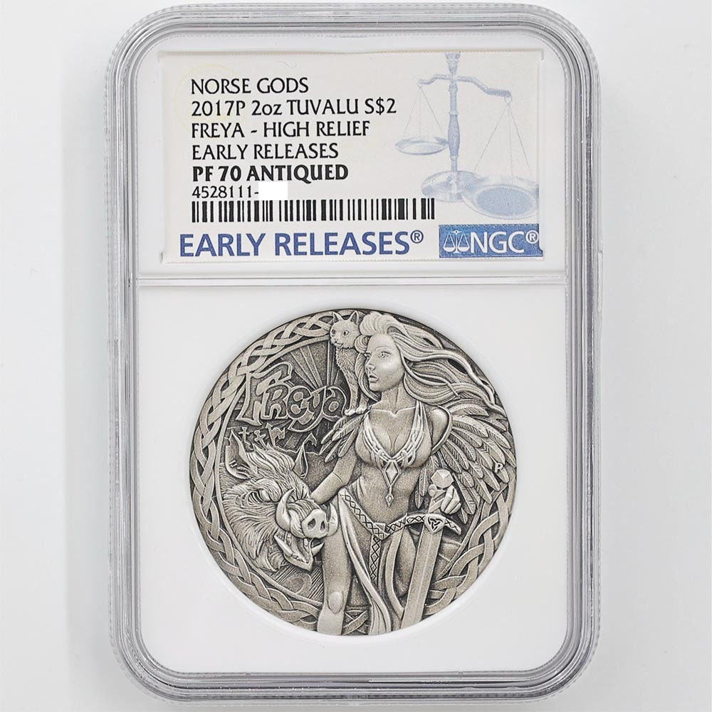 2017 Australia Tuvalu Norse Gods Freya 2 Tuvalu Dollars 2 oz High Relief Silver Proof Coin NGC PF 70 ANTIQUED Early Releases