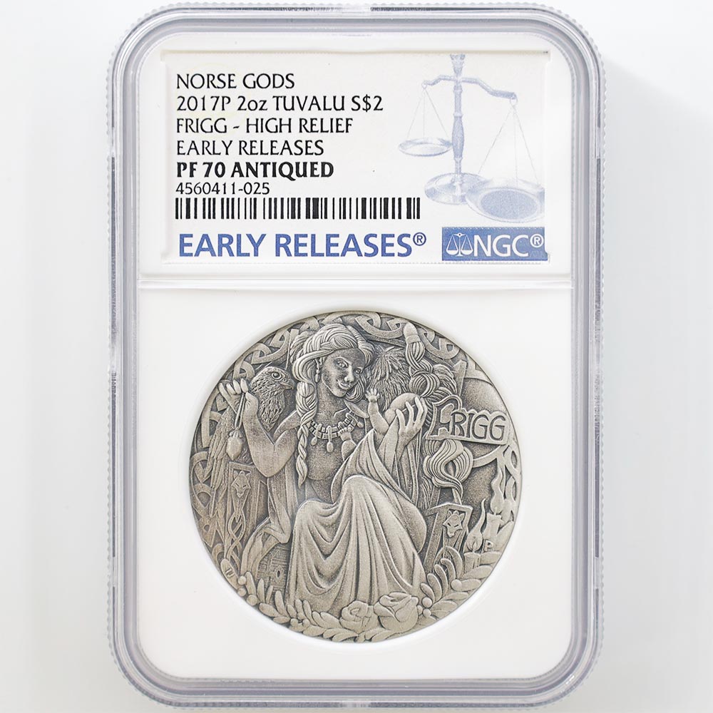 2017 Australia Tuvalu Norse Gods Frigg 2 Tuvalu Dollars 2 oz High Relief Silver Proof Coin NGC PF 70 ANTIQUED Early Releases