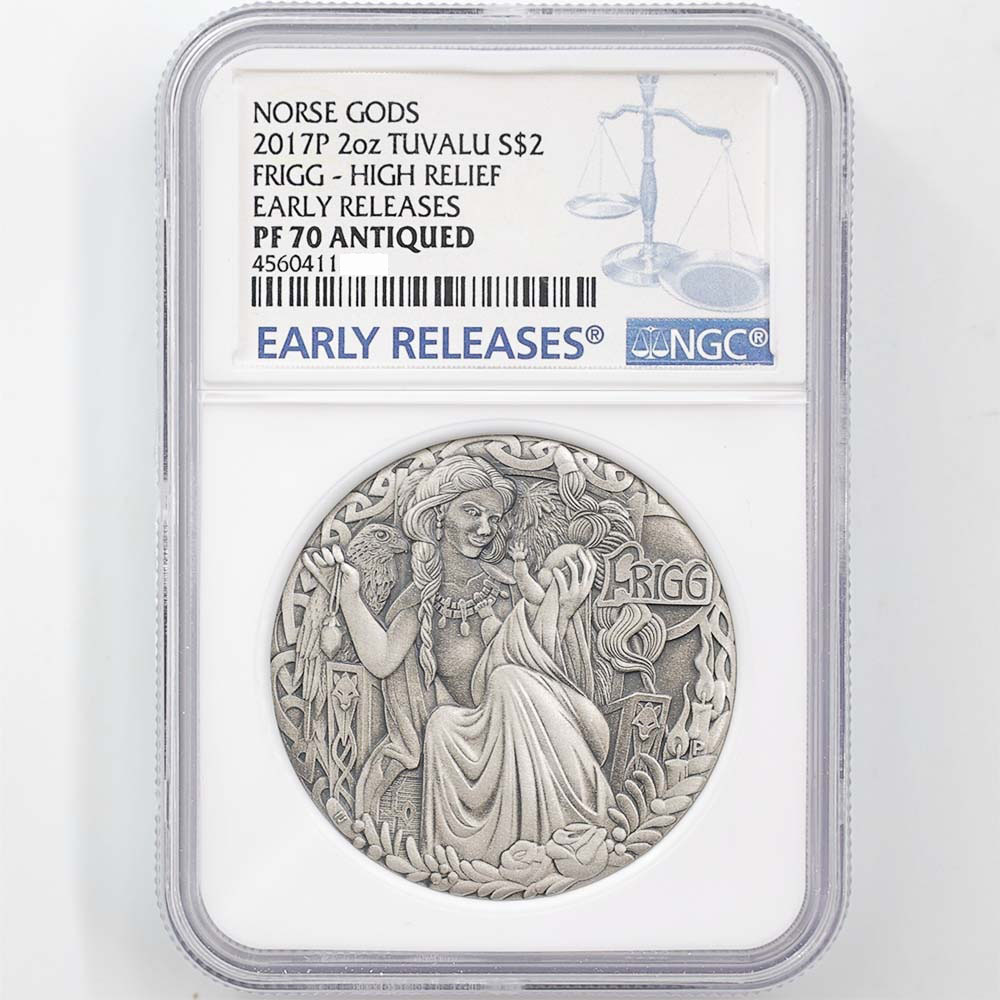 2017 Australia Tuvalu Norse Gods Frigg 2 Tuvalu Dollars 2 oz High Relief Silver Proof Coin NGC PF 70 ANTIQUED Early Releases