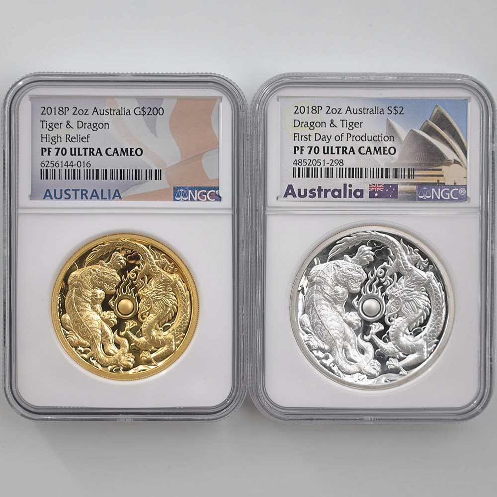 2018 Australia Tiger and Dragon 2 Coin Set 200 Australian Dollars 2 oz High Relief Gold Proof Coin 2 Australian Dollars 2 oz Silver Proof  Coin NGC PF 70 UC FDP