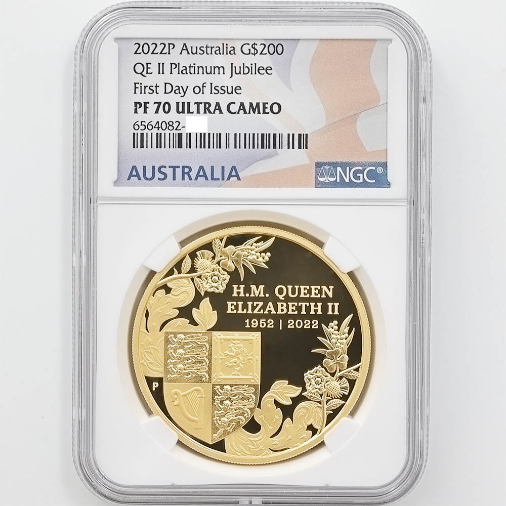 2022 Australia Queen Elizabeth II 70th Anniversary Platinum Jubilee 200 Australian Dollars 2 oz Gold Proof Coin NGC PF 70 UC First Day Of Issue