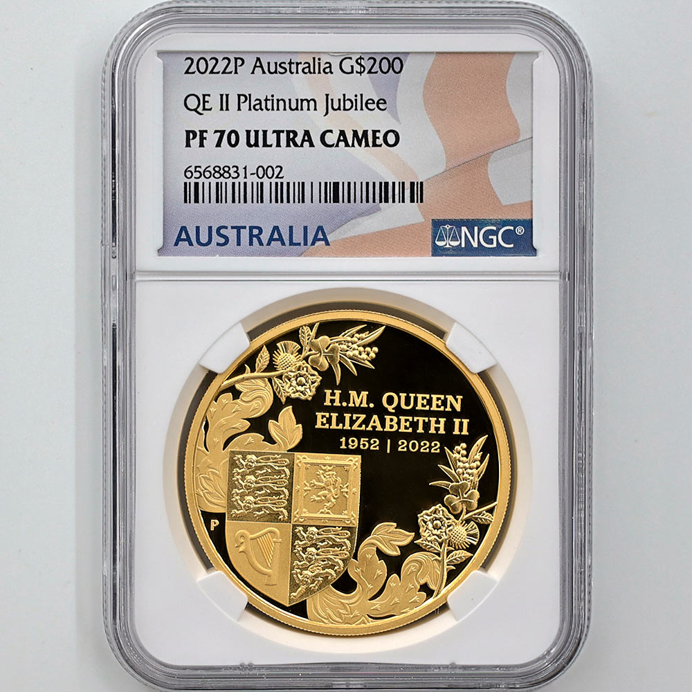 2022 Australia Queen Elizabeth II 70th Anniversary Platinum Jubilee 200 Australian Dollars 2 oz Gold Proof Coin NGC PF 70 UC