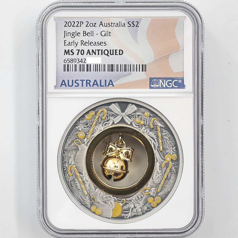 2022 Australia Jingle Bell 2 Australian Dollar 2 oz Gilt Silver Coin NGC MS 70 ANTIQUED Early Releases