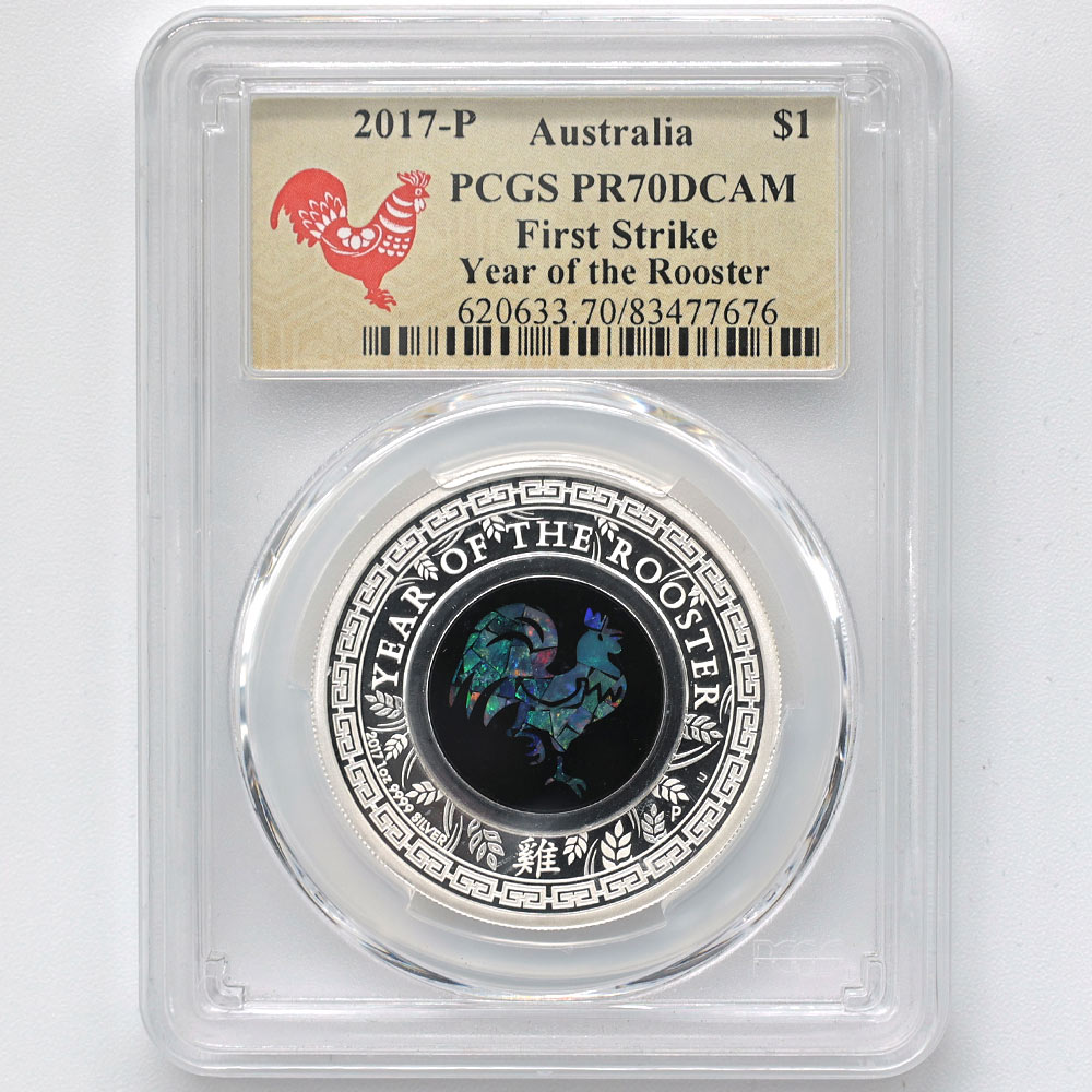 2017 Australia Year of the Rooster 1 Australian Dollar 1 oz Opal Inlay Silver Proof Coin PCGS PR 70 DCAM First Strike