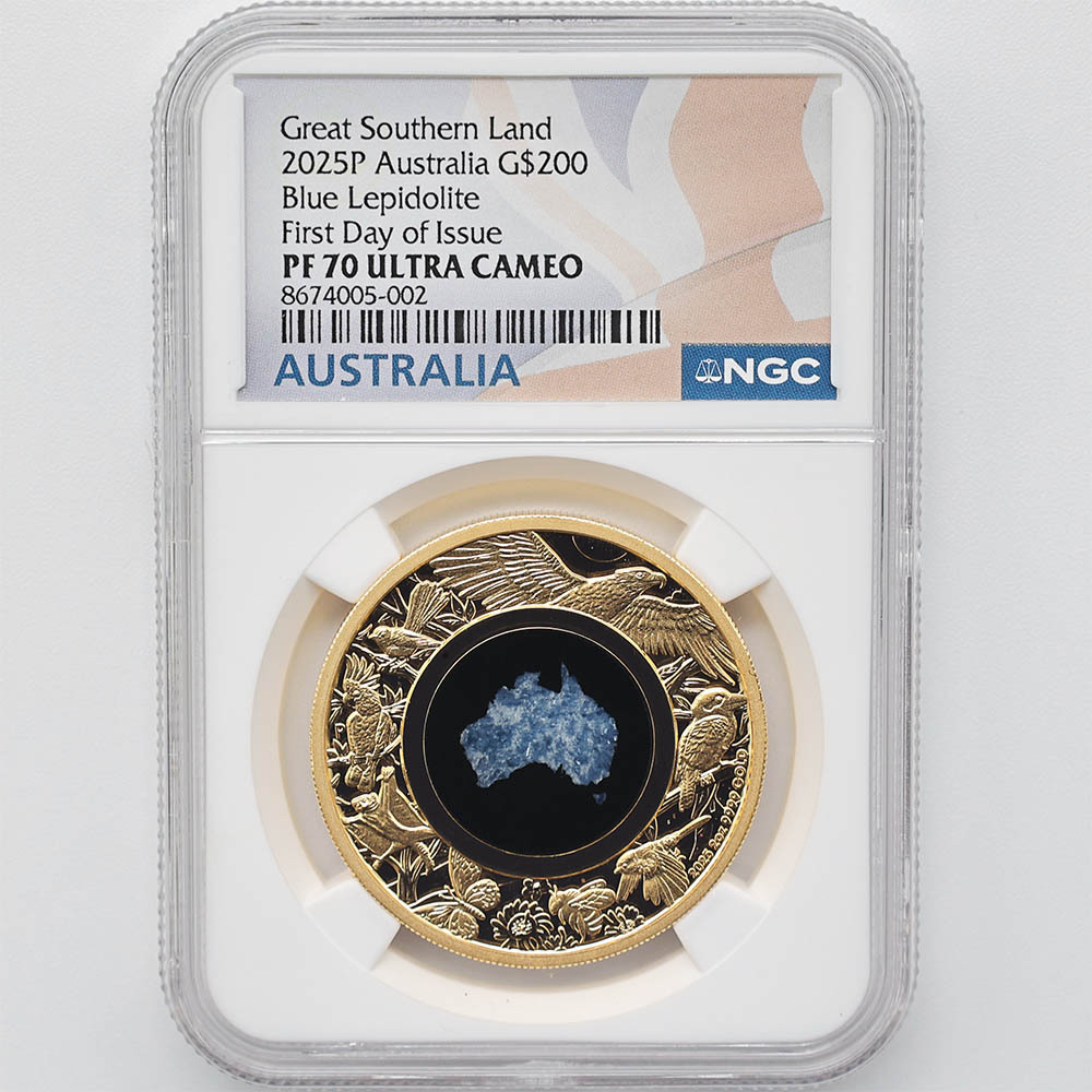 2025 Australia Great Southern Land Blue Lepidolite 200 Australian Dollars 2 oz Gold Proof Coin NGC PF 70 UC First Day of lssue