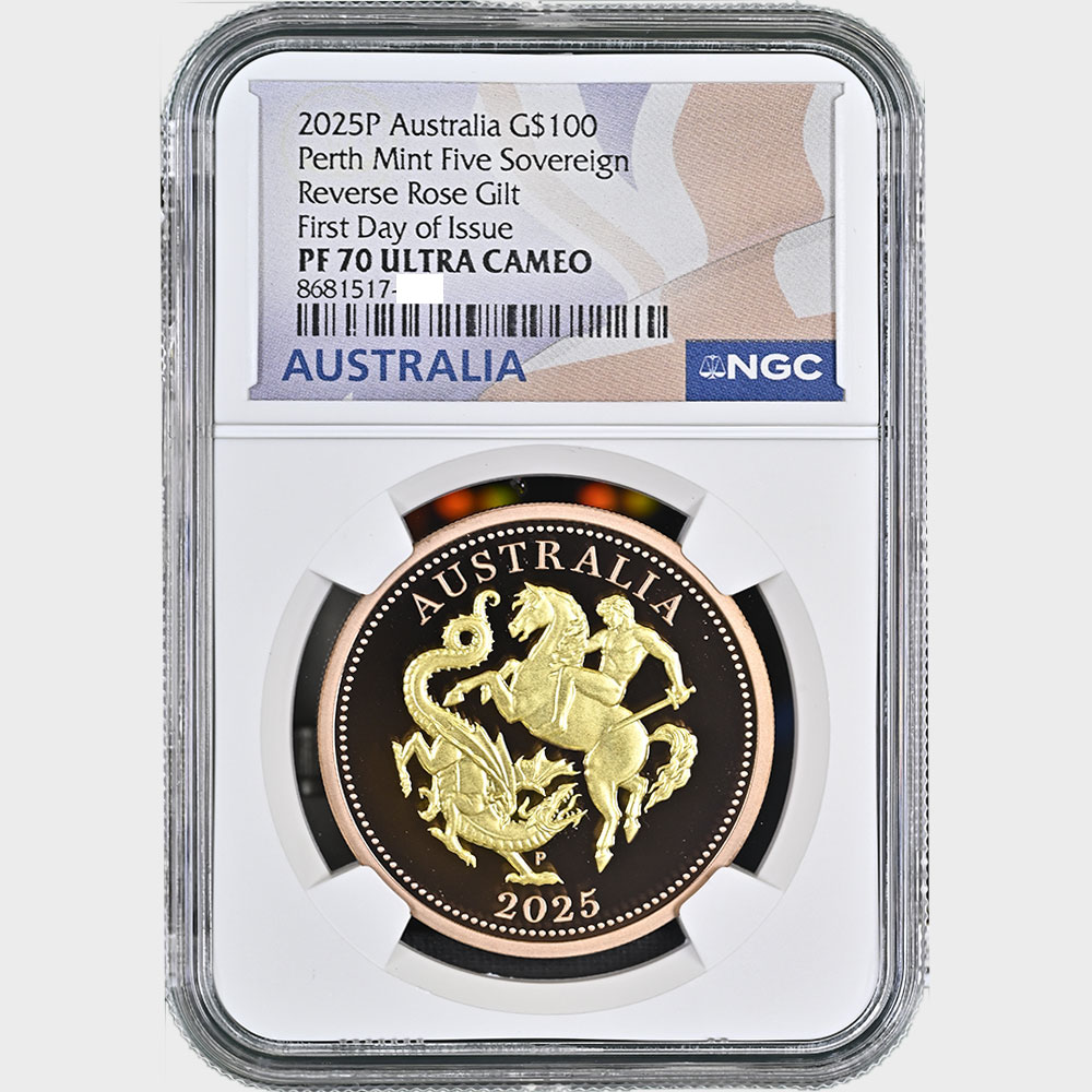 2025 Australia Perth Mint George Slaying the Dragon 5 Sovereign 100 Australian Dollars 39.94 Grams Reverse Rose Gilt Gold Proof Coin NGC PF 70 UC First Day of Issue