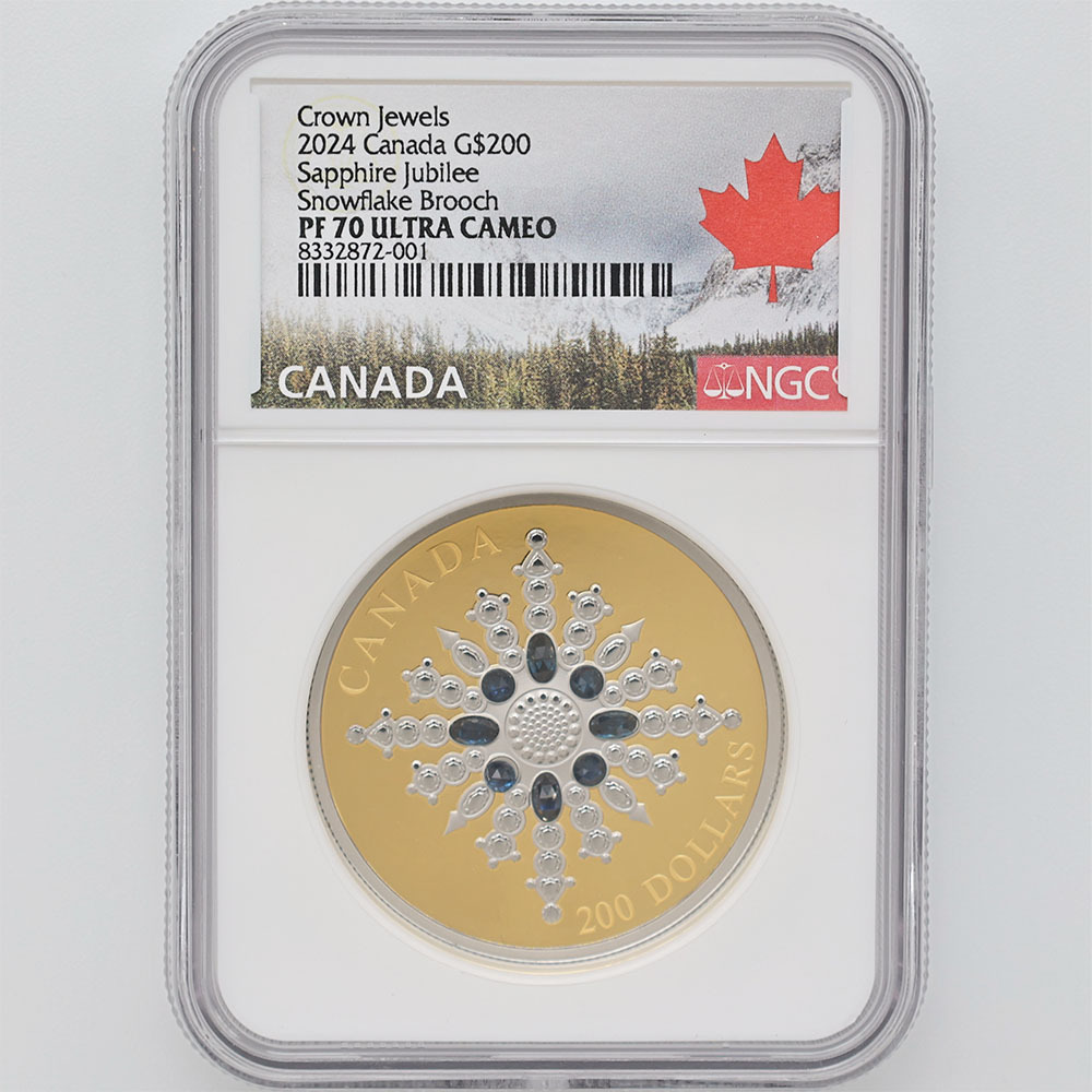 2024 Canada Sapphire Jubilee Snowflake Brooch 200 Canadian Dollars 60.08 Grams Gold Proof Coin NGC PF 70 UC