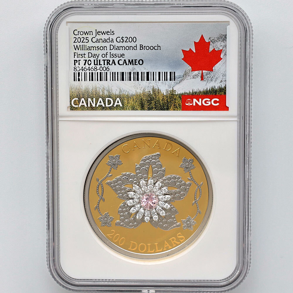 2025 Canada Crown Jewels Williamson Diamond Brooch 200 Canadian Dollars 60.08 Grams Pink Tourmaline and Diamonds Gold Proof Coin NGC PF 70 UC FDOI