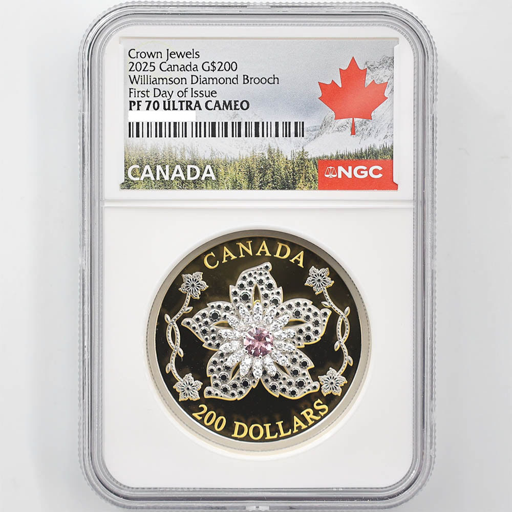 2025 Canada Crown Jewels Williamson Diamond Brooch 200 Canadian Dollars 60.08 Grams Pink Tourmaline and Diamonds Gold Proof Coin NGC PF 70 UC FDOI