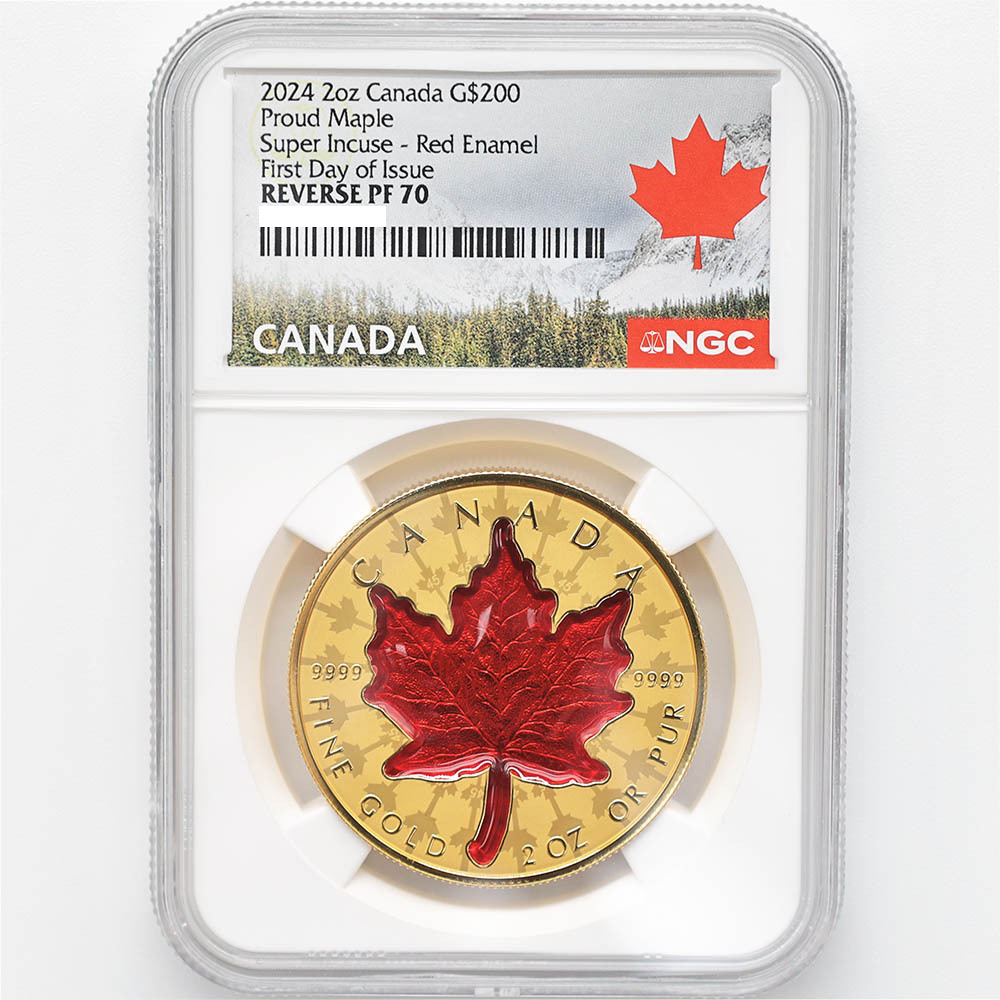 2024 Canada Proud Maple Super Incuse Red Enamel 200 Canadian Dollars 2oz Gold Proof Coin NGC REVERSE PF 70 First Day of Issue