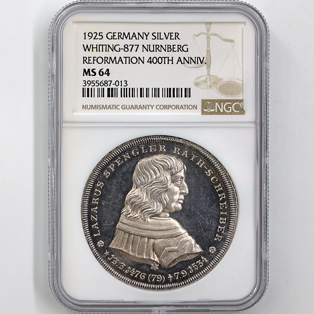 1925 Germany Whiting-877 Nurnberg Reformation 400th Anniversary 29.40 Grams Silver Medal Coin NGC MS 64 