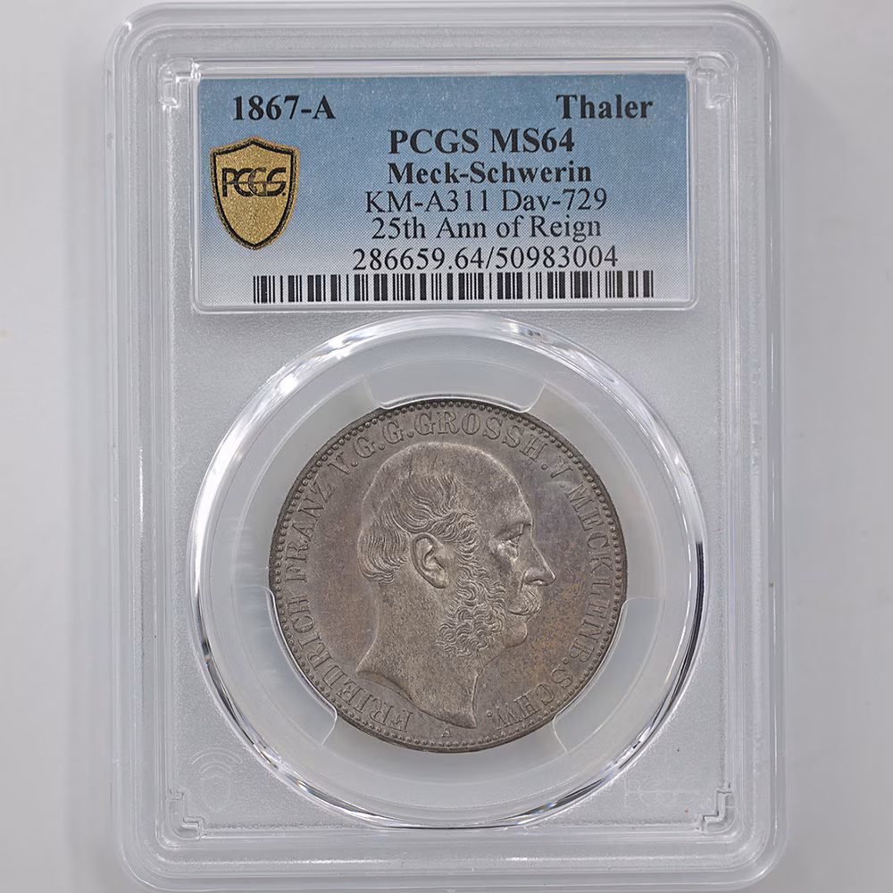 1867 Germany Meck-Schwerin 1 Thaler 18.52 Grams Silver Coin PCGS MS 64