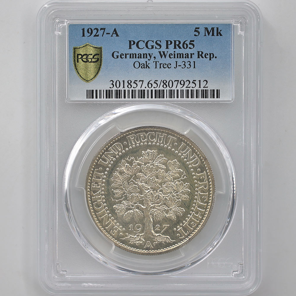 1927 Germany Weimar Republic Oak Tree 5 Mark 25 Grams Silver Proof Coin PCGS PR 65