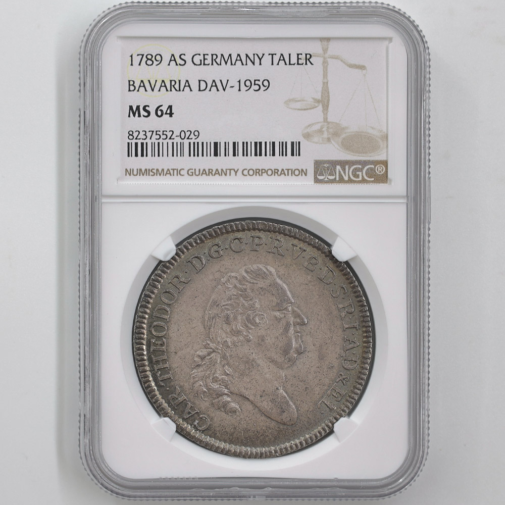 1789 Germany Bavaria Car Theodor 1 Thaler 27.98 Grams Silver Coin NGC MS 64