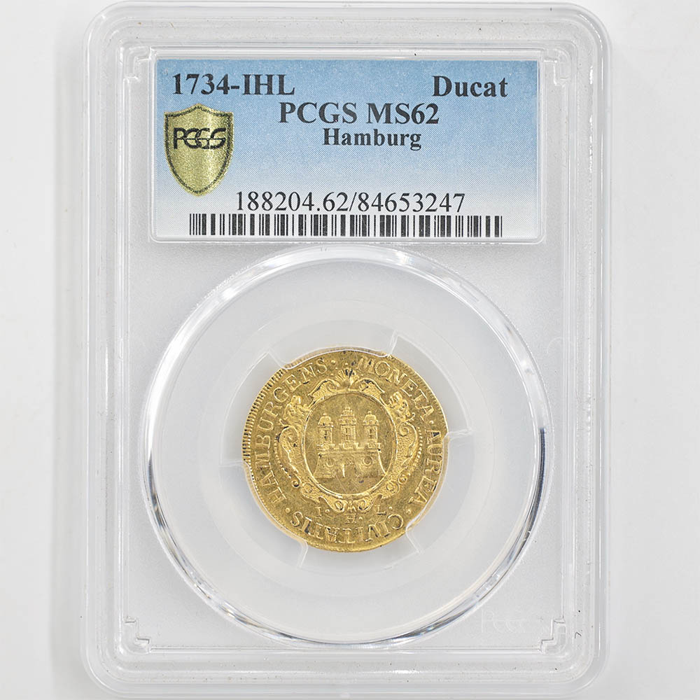1734 Germany Hamburg 1 Ducat 3.5 Grams Gold Coin PCGS MS 62