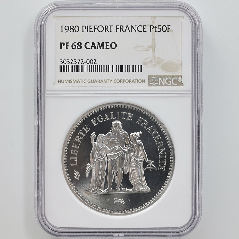 1980 French Hercules and Goddess Statue 50 Francs 122.63 Grams Piedfort Platinum Proof Coin NGC PF 68 CAMEO