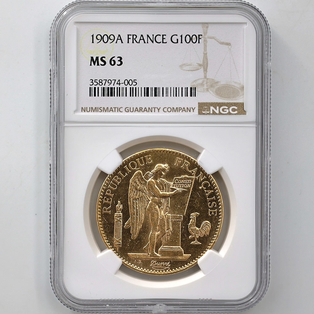 1909 France Angel 100 Francs 32.26 Grams Gold Coin NGC MS 63