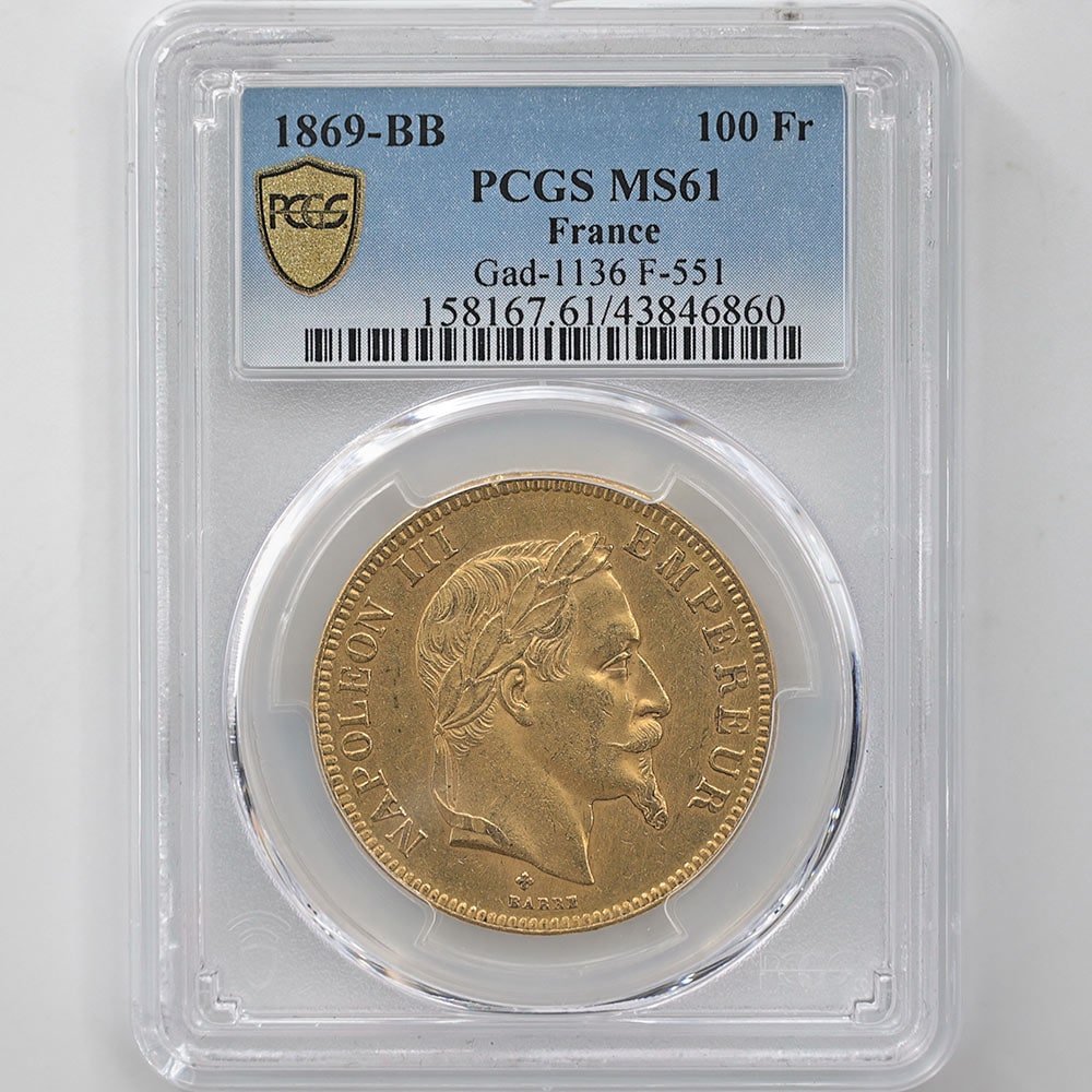 1869BB France Napoleon III 100 Francs 32.26 Grams Gold Coin PCGS MS 61