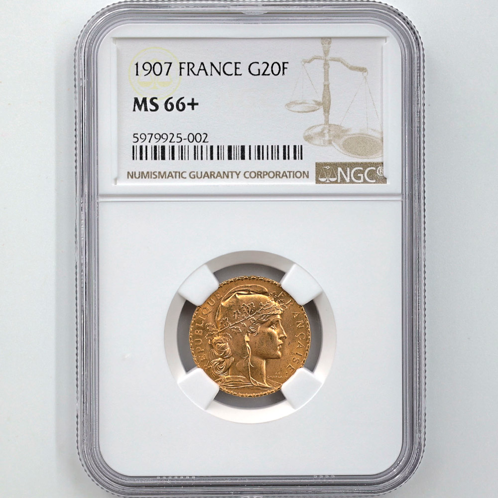 1907 France Marianne 20 Francs 6.451 Grams Gold Coin NGC MS 66+