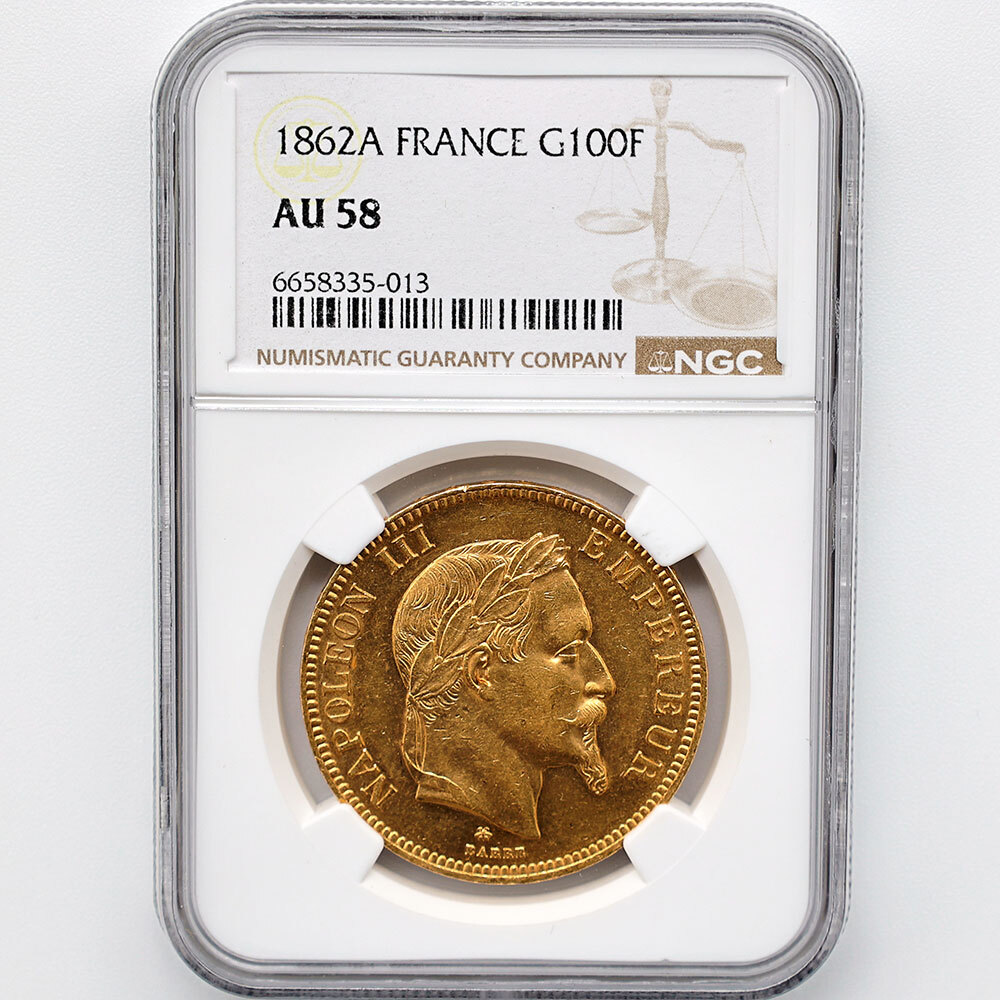 1862A France Napoleon III 100 Francs 32.26 Grams Gold Coin NGC AU 58