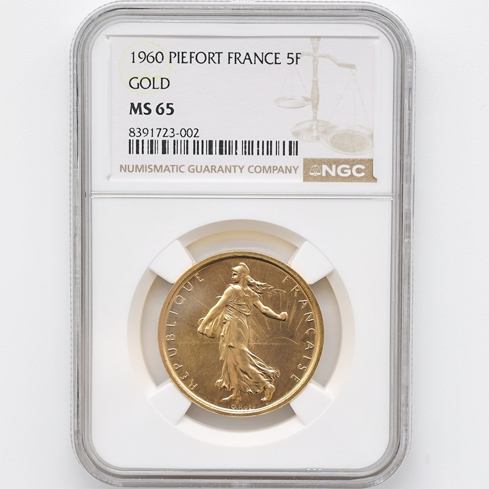 1960 France La Semeuse French Sower 5 Francs 38.9 Grams Piedfort Gold Coin NGC MS 65