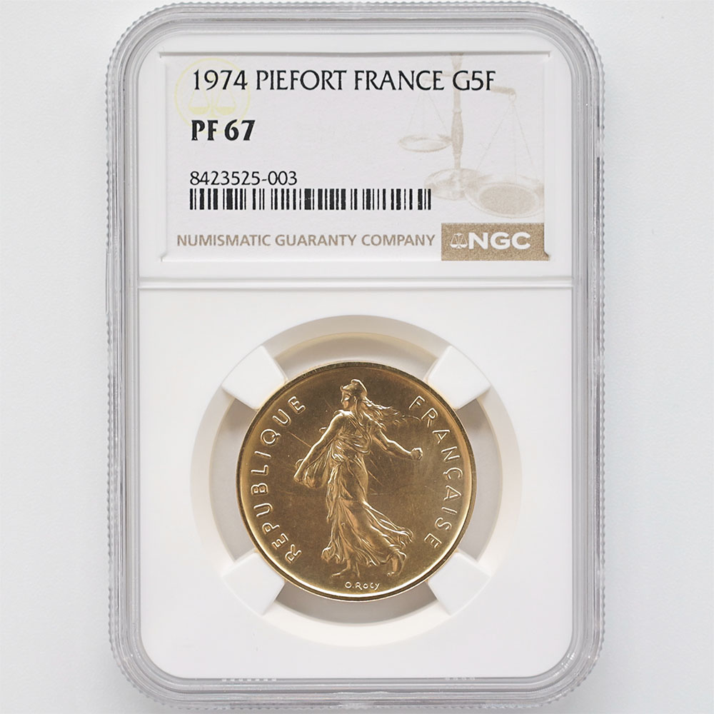 1974 France La Semeuse French Sower 5 Francs 38.9 Grams Piedfort Gold Proof Coin NGC PF 67