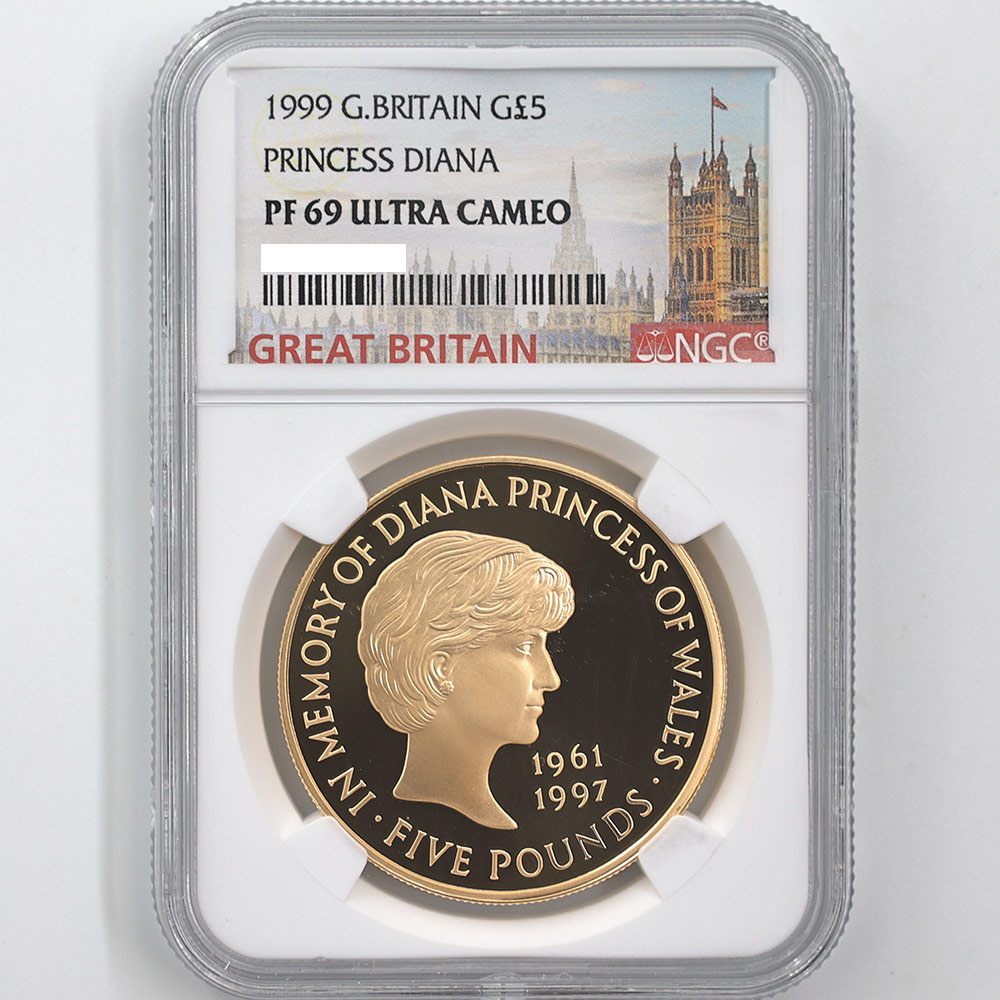 1999 Great Britain Princess Diana 5 Pounds 39.94 Grams Gold Proof Coin NGC PF 69 UC