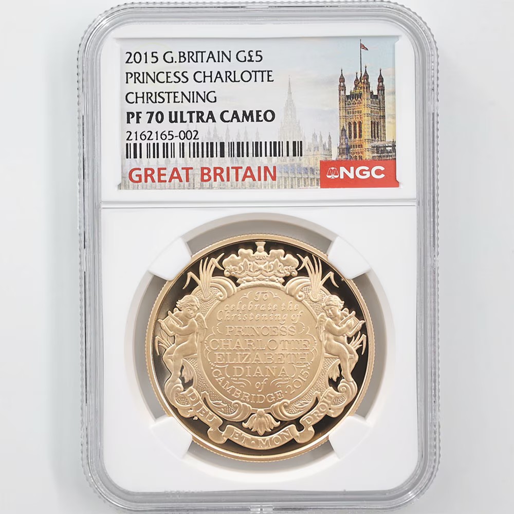 2015 Great Britain Princess Charlotte Christening 5 Pounds 39.94 Grams Gold Proof Coin NGC PF 70 UC